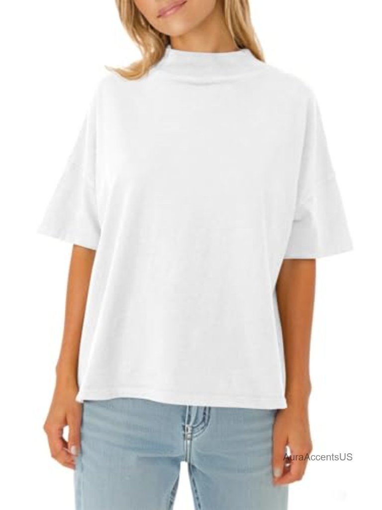 Women's Cotton Mock Neck Tee - Loose Fit Basic Short Sleeve Summer Top